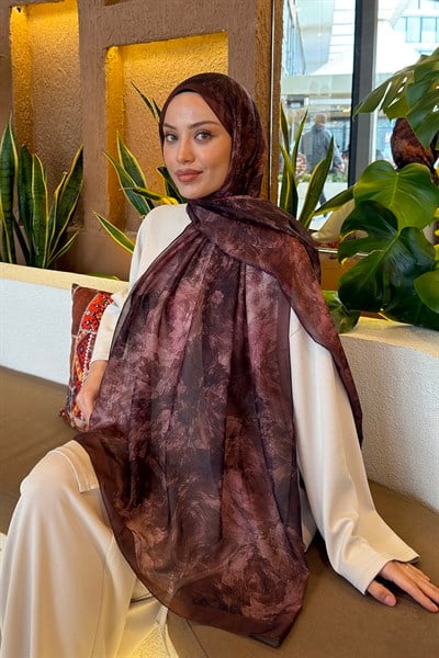 Gül Çiçek Desen Ferah Şal Kahverengi