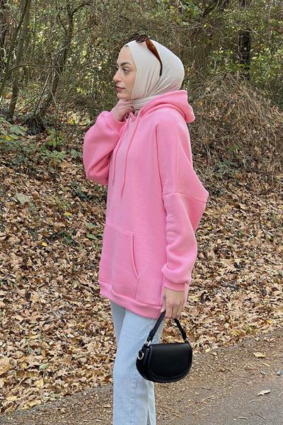 Üç İplik Kanguru Cep Sweatshirt Pembe