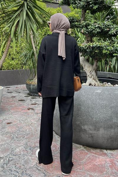 Fermuar Detaylı Pantolon Tesettür Takım Siyah