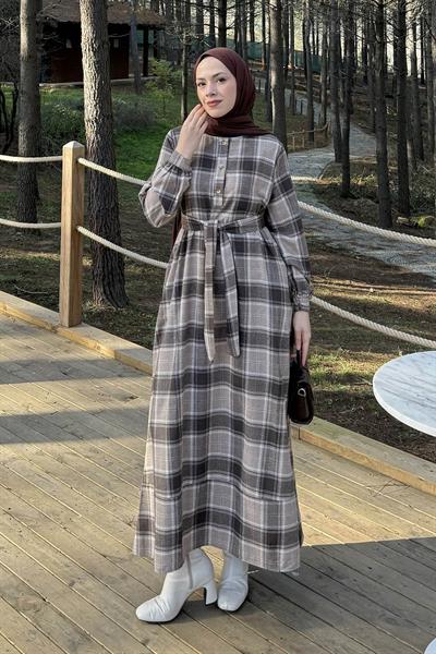 Ekose Desen Elbise vizonrengi