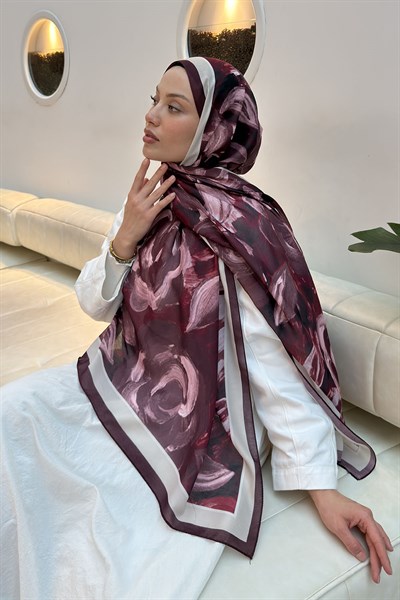 Çiçek Desen Pamuk Şal Bordo Vizon