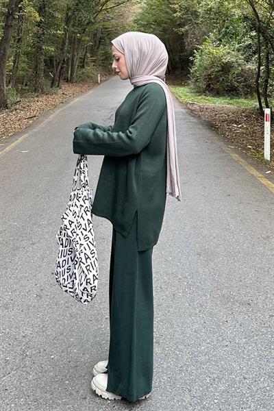 Basic Pantolon Önü Yırtmaçlı Triko Tesettür Takım Haki