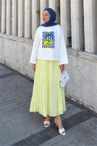 Basic Oversize Limon ve Fiyonk Desenli Bluz Beyaz