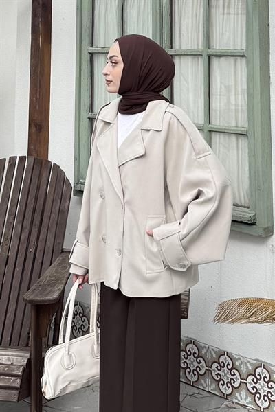 Kruvaze Kısa Tesettür Trençkot Taş