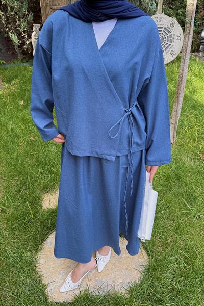 Bağlama Detaylı Etekli Takım İndigo