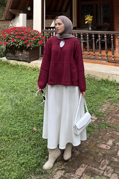 Yakası Bağcıklı Triko Kazak Bordo