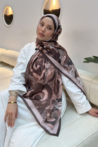 Çiçek Desen Pamuk Şal Kahverengi