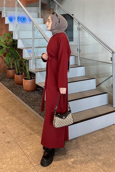 Etek Ucu Armalı Kuşaklı Elbise Kırmızı