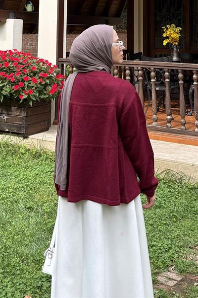 Yakası Bağcıklı Triko Kazak Bordo