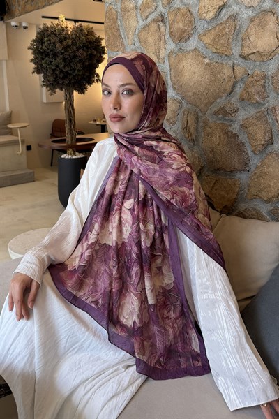 Vintage Flower Desen Bambu Şal Mürdüm