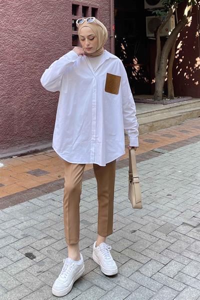 Deri Cep Detaylı Gömlek Beyaz