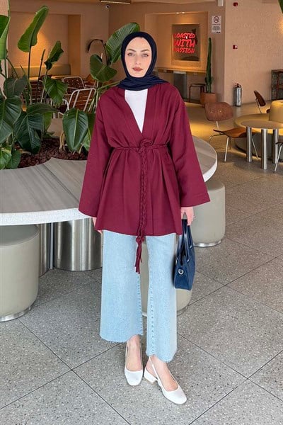 Örgü Bağlamalı Kimono Ceket Bordo