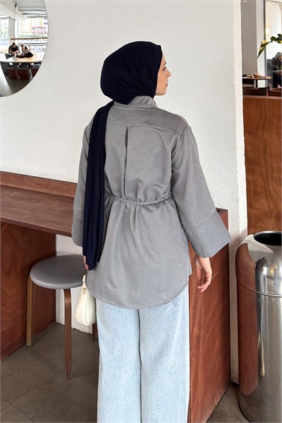 Bağlama Detaylı Süet Gömlek Gri