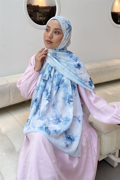 Batik Çiçek Desen Bambu Şal Bebe Mavisi