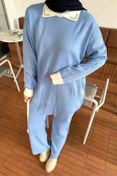 Yakası Taşlı Triko Takım Bebe Mavisi