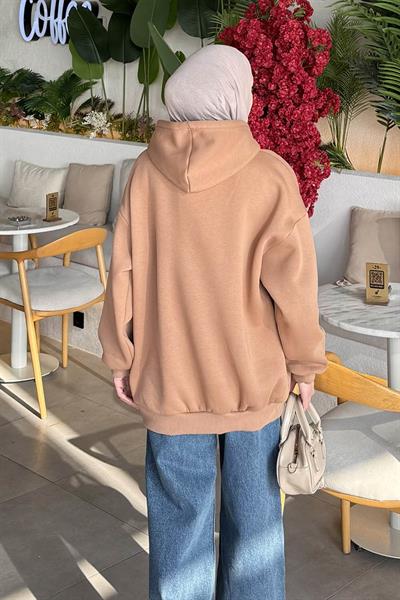 Üç İplik Kanguru Cep Sweatshirt Sütlü Kahve