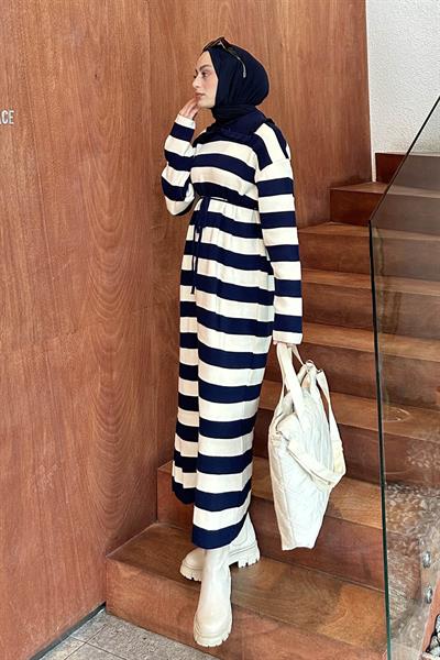 Bebe Yaka Detaylı Çizgili Triko Elbise Lacivert