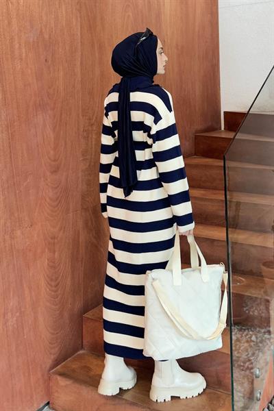 Bebe Yaka Detaylı Çizgili Triko Elbise Lacivert