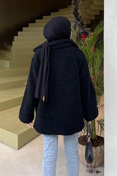 Biye Detaylı Tedy Peluş Mont Siyah