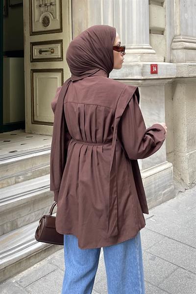 Bel Bağlamalı Omuz Vatkalı Gömlek Acı Kahverengi