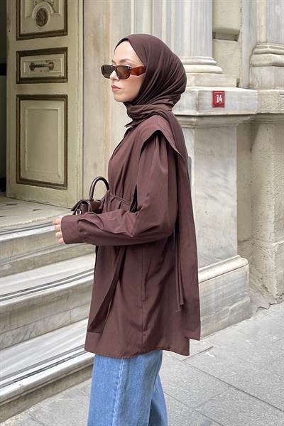 Bel Bağlamalı Omuz Vatkalı Gömlek Acı Kahverengi