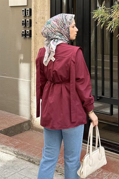 Bel Bağlamalı Omuz Vatkalı Gömlek Bordo