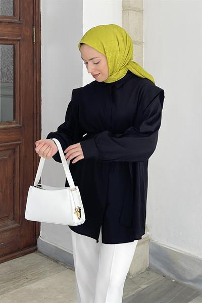 Bel Bağlamalı Omuz Vatkalı Gömlek Siyah