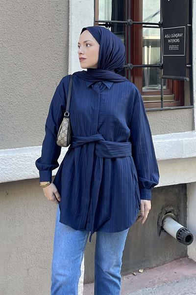 Belden Bağlamalı Tunik Gömlek Lacivert