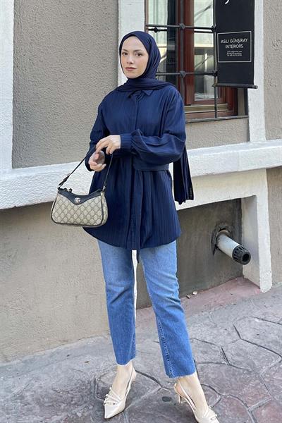 Belden Bağlamalı Tunik Gömlek Lacivert