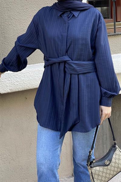 Belden Bağlamalı Tunik Gömlek Lacivert