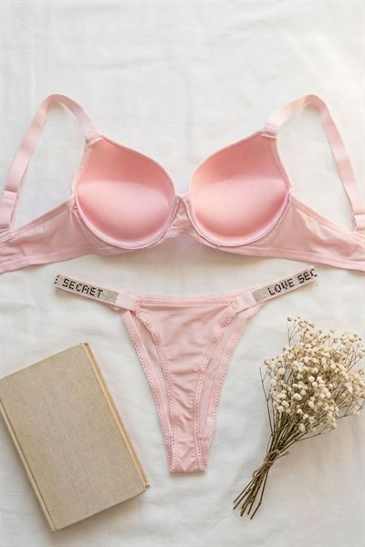 Mikro Kumaş Düz RenkTaşlı Destekli Sütyen Takımı Şeker Pembesi