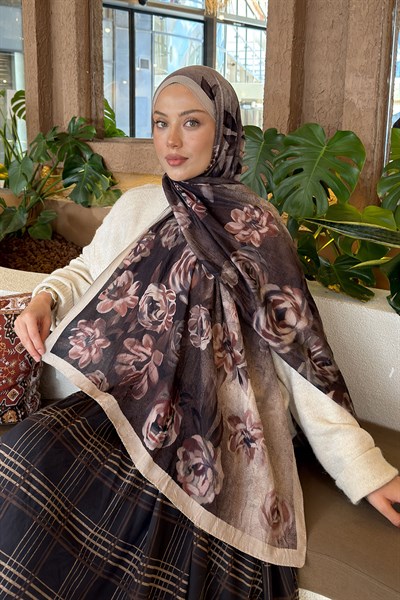 Çiçek Desen Bambu Şal Bej