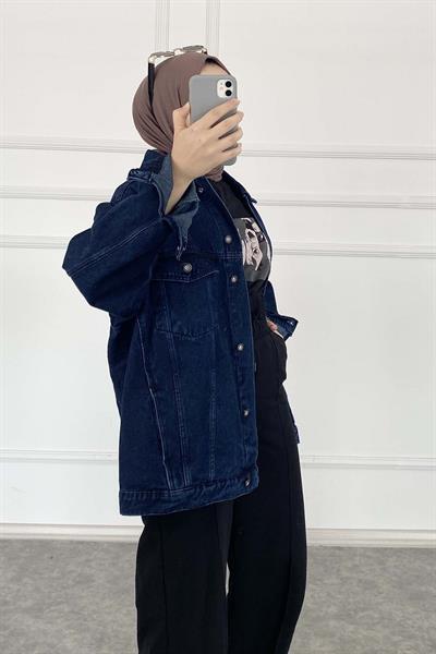 Çift Cepli Oversize Ceket Koyu Mavi