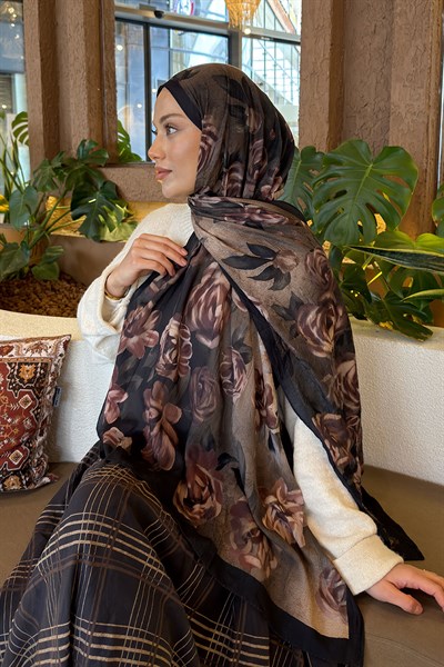 Çiçek Desen Bambu Şal Koyu Yeşil