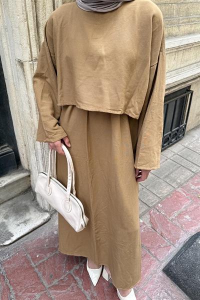 Etekli Tesettür Takım Camel