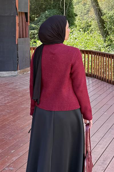 Bisiklet Yaka Kısa Hırka Bordo