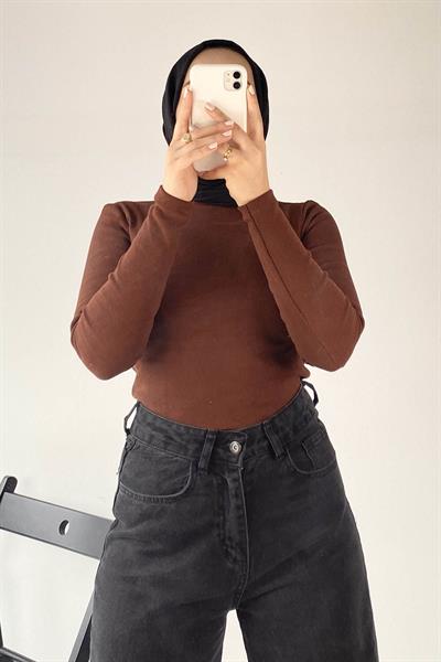 Balıkçı Yaka Fitilli Body Acı Kahverengi