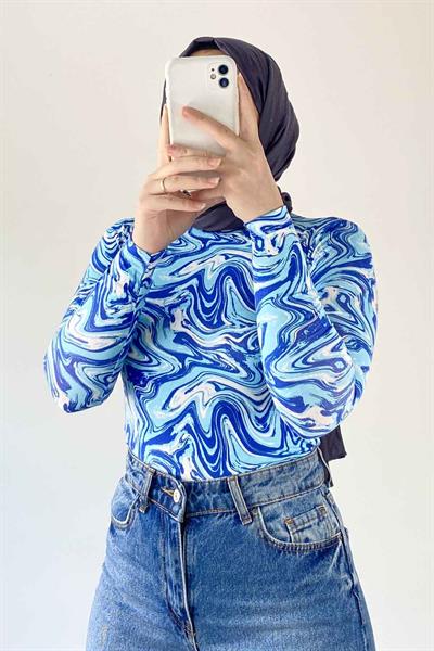 Bisiklet Yaka Ebru Desenli Body Mavi