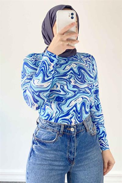 Bisiklet Yaka Ebru Desenli Body Mavi