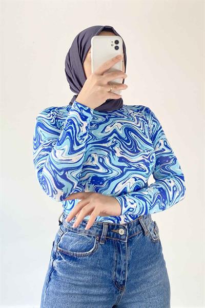 Bisiklet Yaka Ebru Desenli Body Mavi