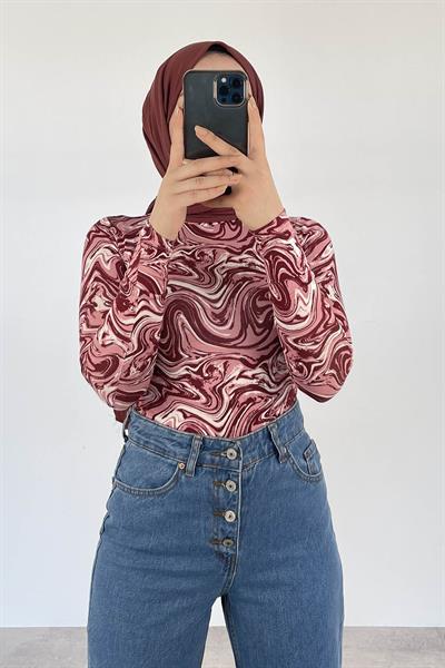 Bisiklet Yaka Ebru Desenli Body Vişne