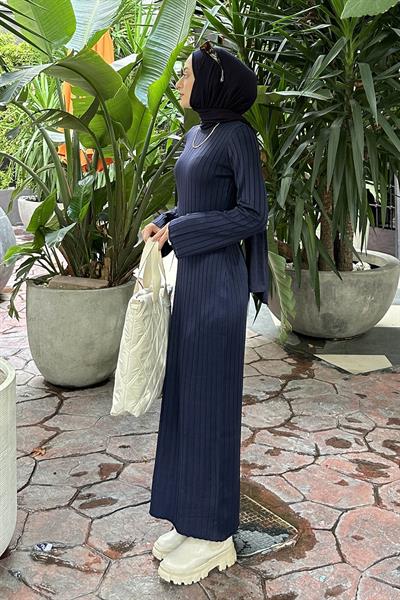 Bisiklet Yaka Fitilli Triko Tesettür Elbise Lacivert