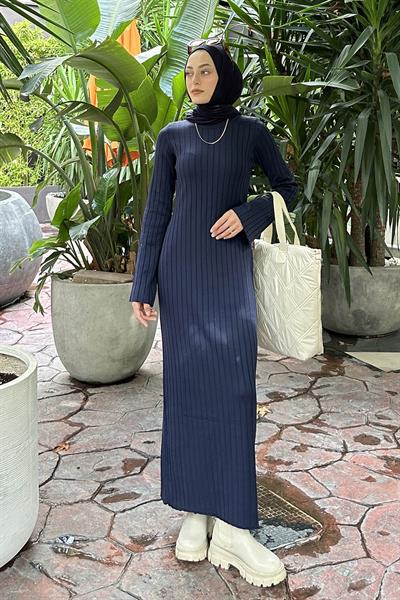 Bisiklet Yaka Fitilli Triko Tesettür Elbise Lacivert