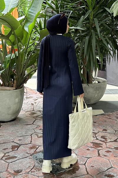 Bisiklet Yaka Fitilli Triko Tesettür Elbise Lacivert