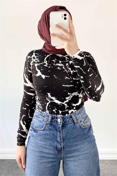 Bisiklet Yaka Mermer Desenli Body Siyah