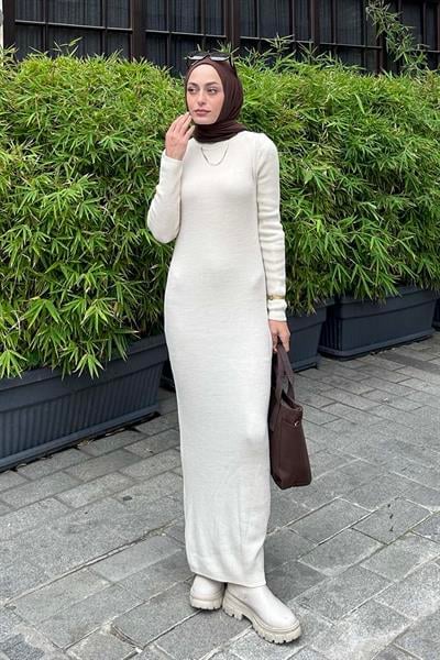 Bisiklet Yaka Triko Elbise Krem