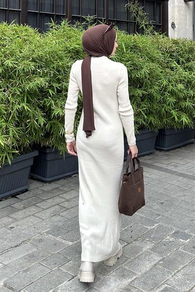 Bisiklet Yaka Triko Elbise Krem