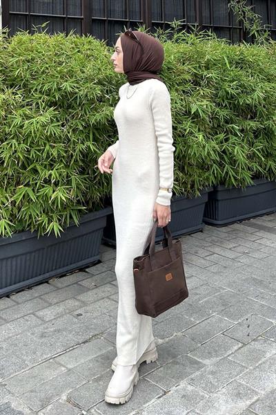 Bisiklet Yaka Triko Elbise Krem