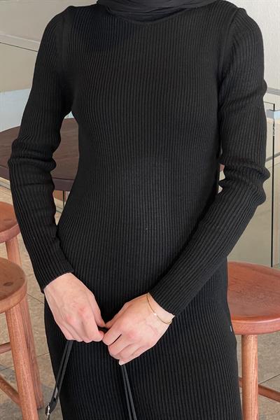 Bisiklet Yaka Triko Elbise Siyah