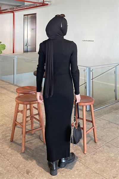 Bisiklet Yaka Triko Elbise Siyah